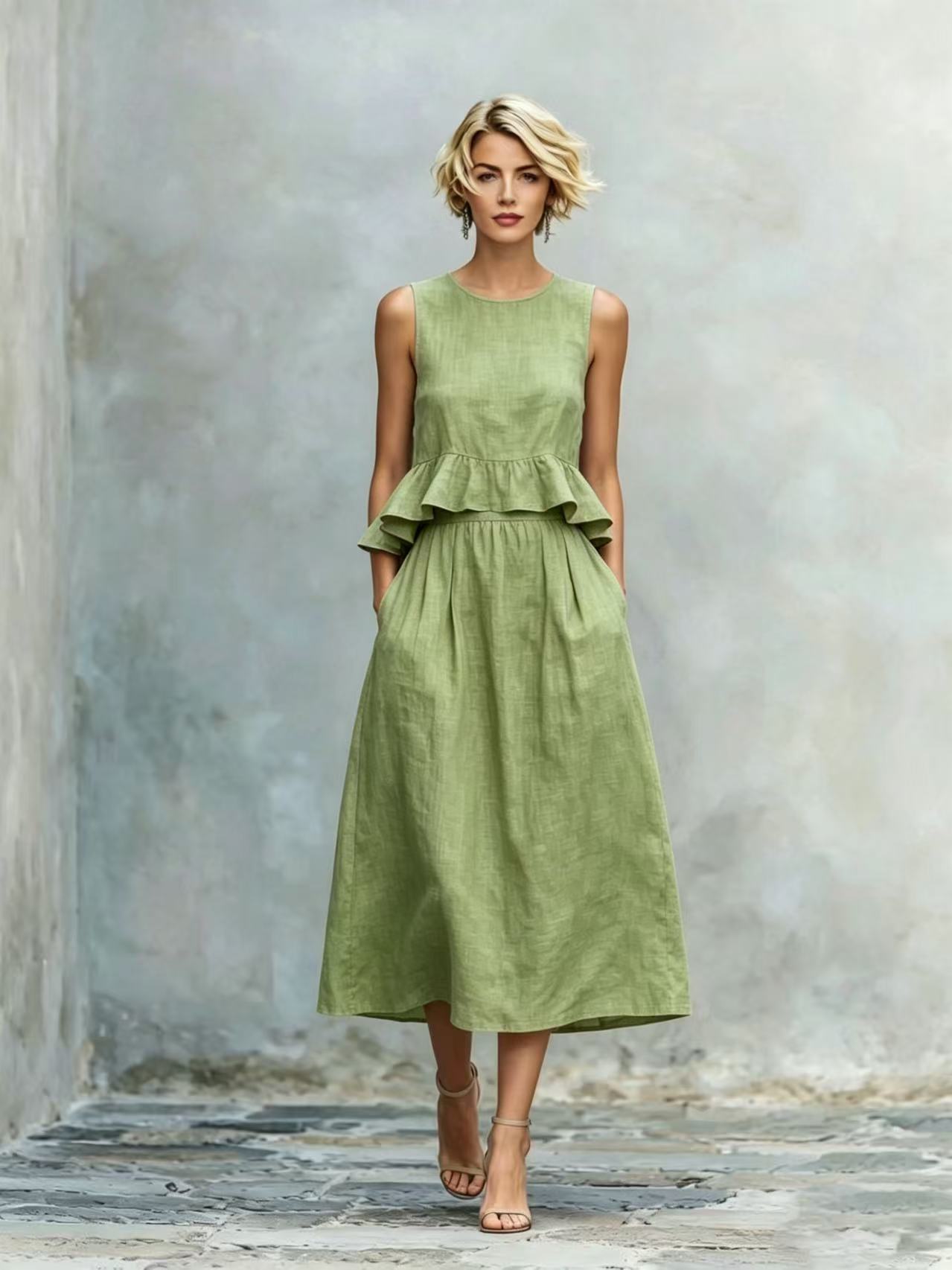 Sleeveless Crew-Neck High-Waisted Ruffle-Trim Resort-Style Dress 
