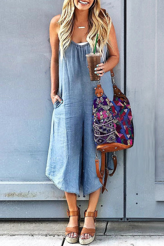 Women’s Crew Neck Sleeveless Wide-Leg Denim Jumpsuit 