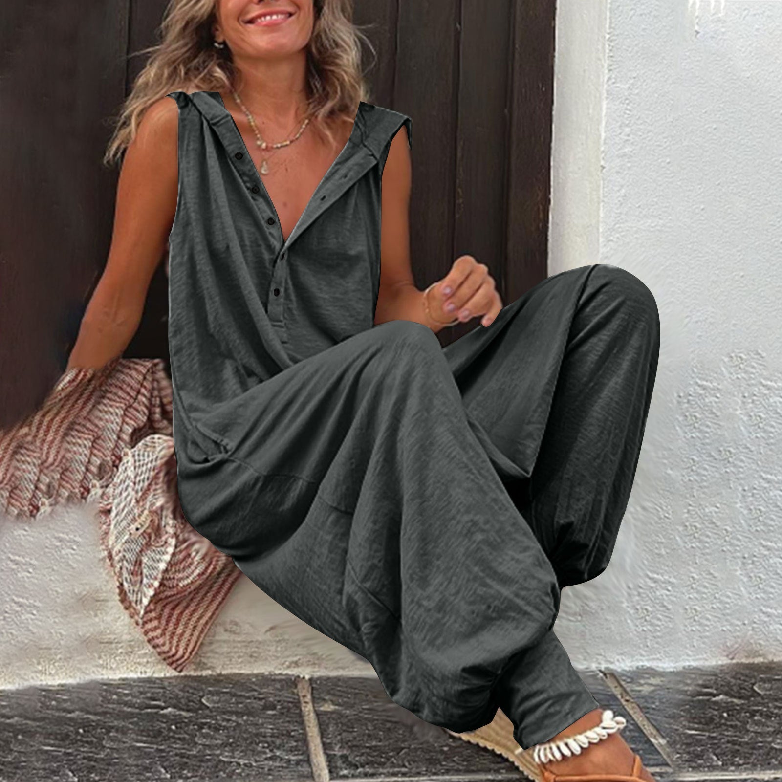 Buttoned Hooded Sleeveless Pants For Women 