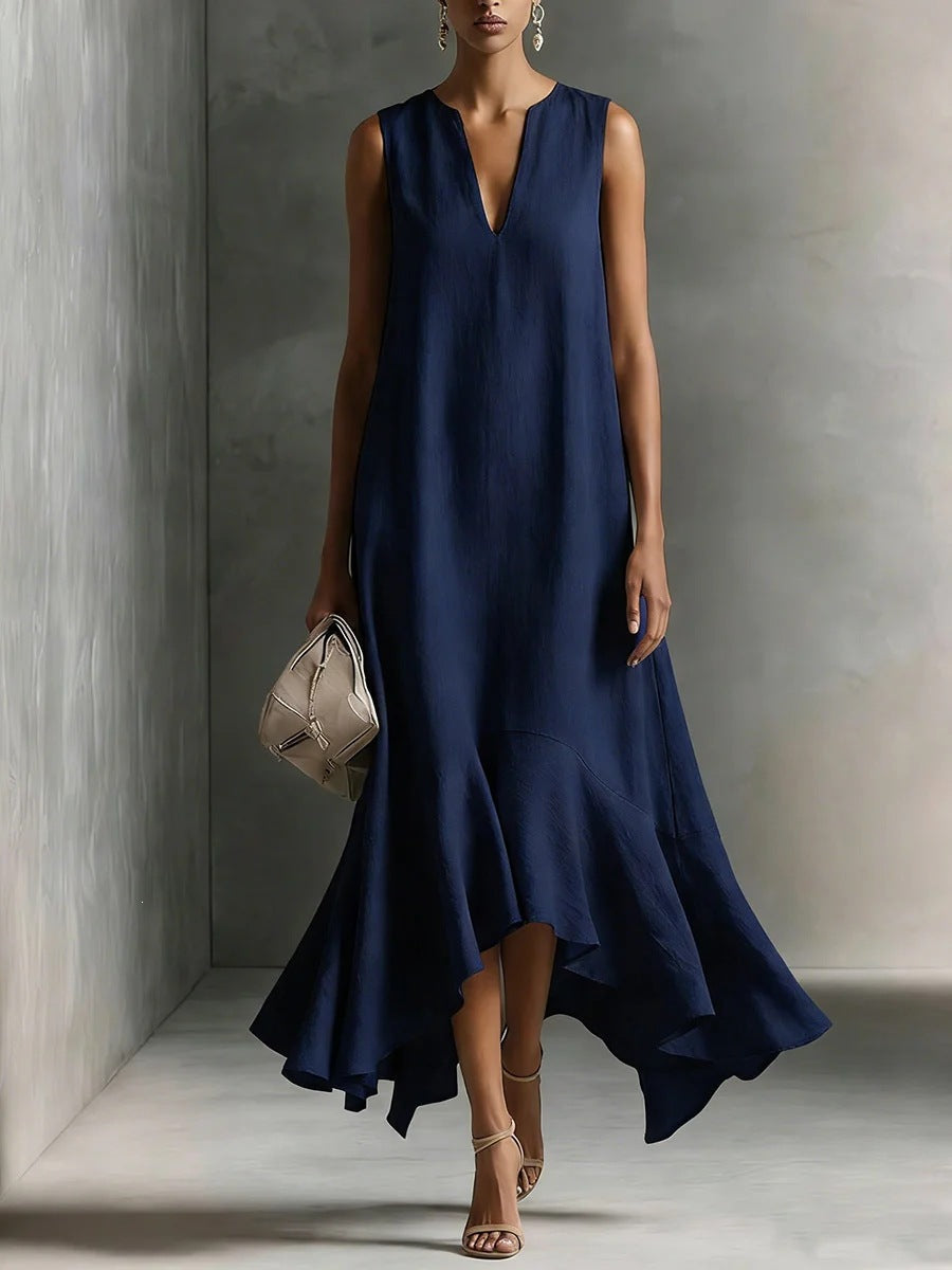 New Stylish Deep V-Neck Sleeveless Elegant Asymmetrical Hemline Dress 
