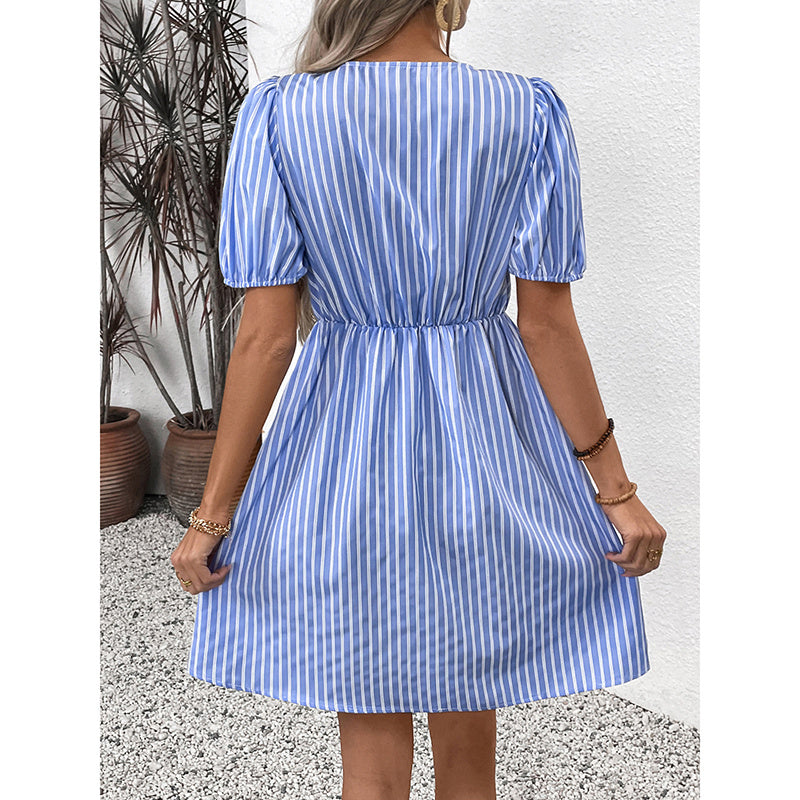 Women's Striped Tie Front Puff Sleeve Summer Casual Mini Dresses Loose Flowy Sundress CJ US