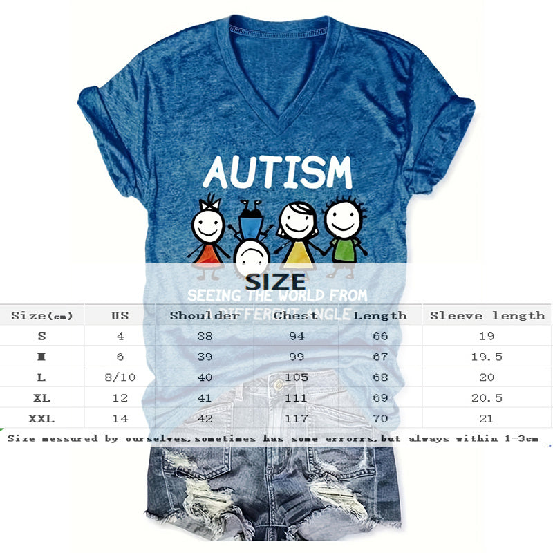 Women's V-Neck 'AUTISM' Letters & Cartoon Children Print Tee Supportive Summer Top CJ US