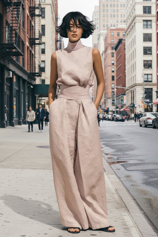 Womens Cotton-Linen Blend Sleeveless Top And Wide-Leg Pants Set 