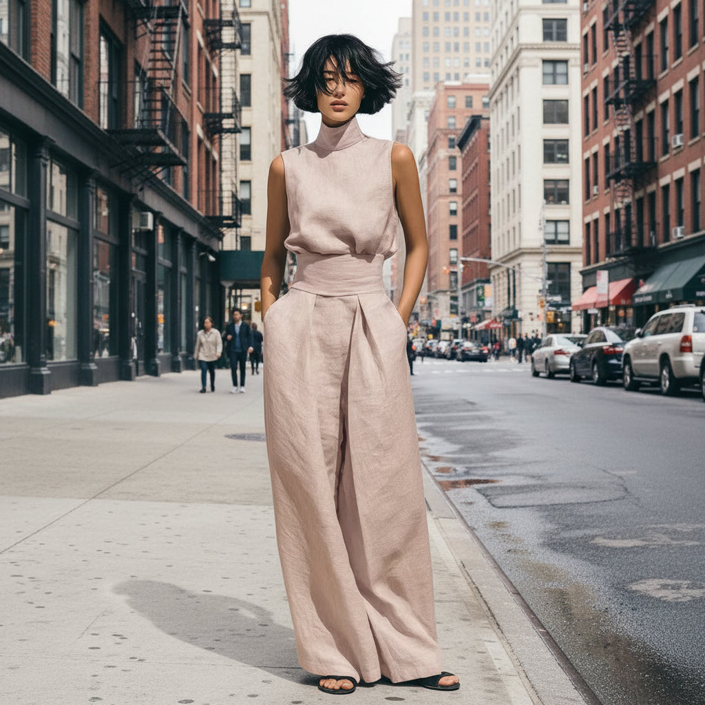 Womens Cotton-Linen Blend Sleeveless Top And Wide-Leg Pants Set 