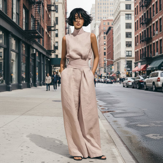 Womens Cotton-Linen Blend Sleeveless Top And Wide-Leg Pants Set 