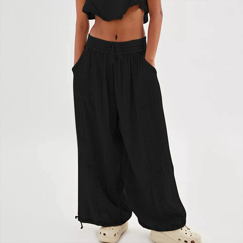 Women's Solid-color Wide-leg Pants With Elastic Drawstring Waist Elasticized Leg Cuffs Side Pockets For Spring&Fall Fashionable Simple Wear CJ US