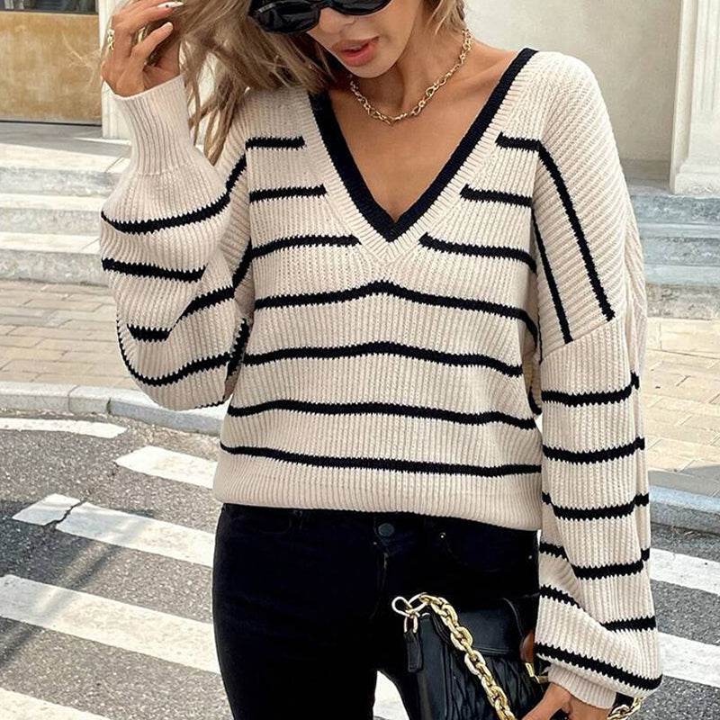 Women's Elegant Striped V-Neck Sweater, Back Tie Bow Detail Loose Fit Pullover For Spring And Fall 