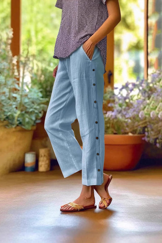 Cropped Pants With Decorative Buttons Along The Side Seams 