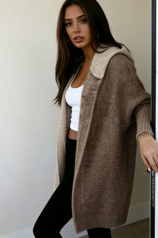 Women’s Color Block Hooded Knitted Cardigan – Plus Size Mid-Length Sweater Coat - FitiqueFit