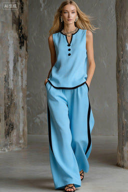 Sleeveless V-Neck Black Trim Contrast Color Simple Womens Top And Wide-Leg Pants Set 