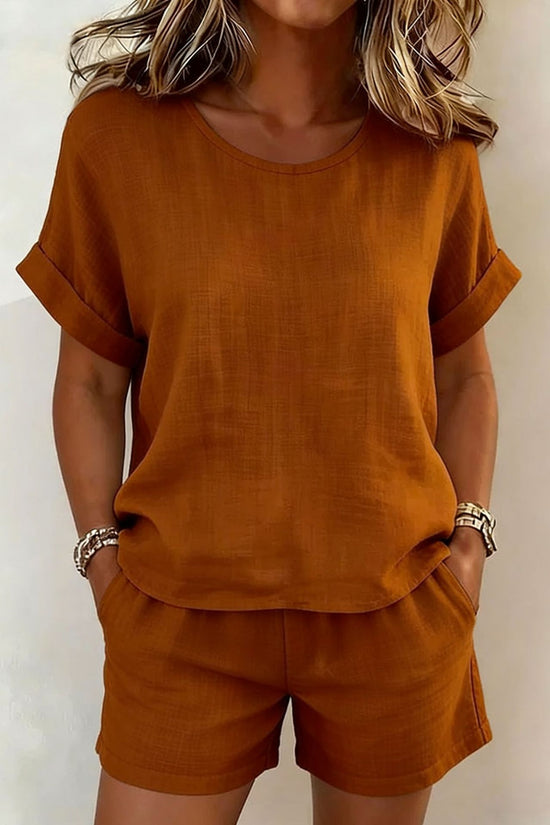 Solid-color Casual Round-neck Short-sleeve Shorts Two-piece Set 