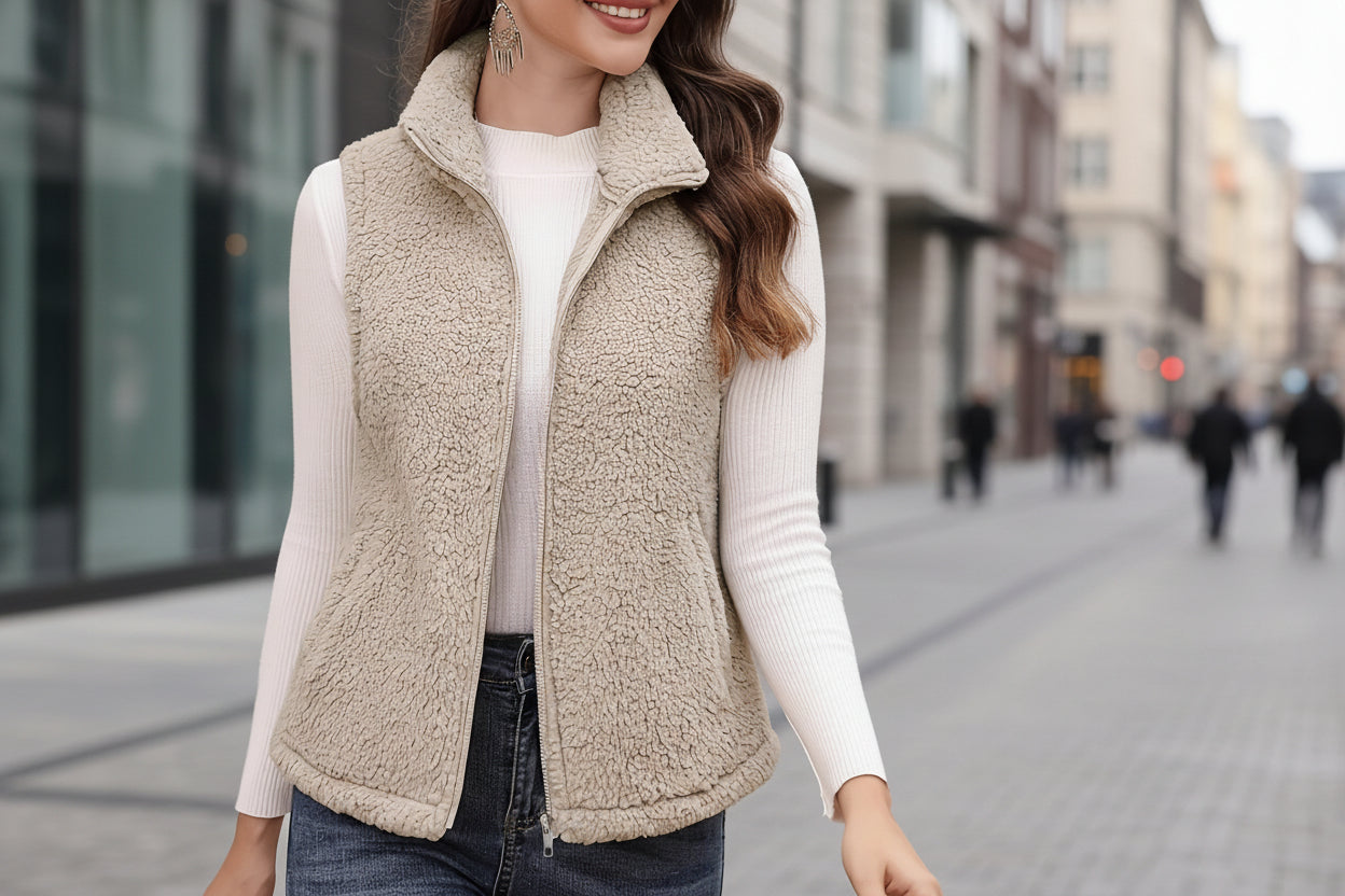 Plush Stand-up Collar Sleeveless Zippered Lightweight Vest With Pockets For Comfort 