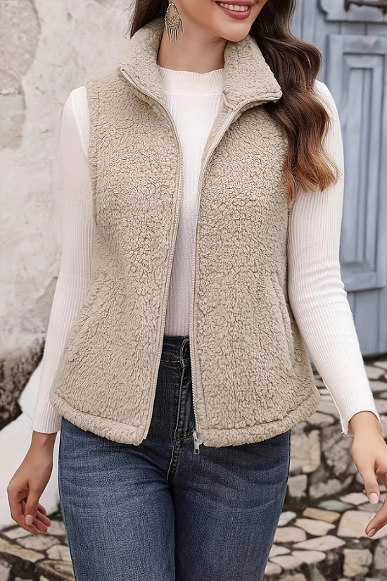 Plush Stand-up Collar Sleeveless Zippered Lightweight Vest With Pockets For Comfort 