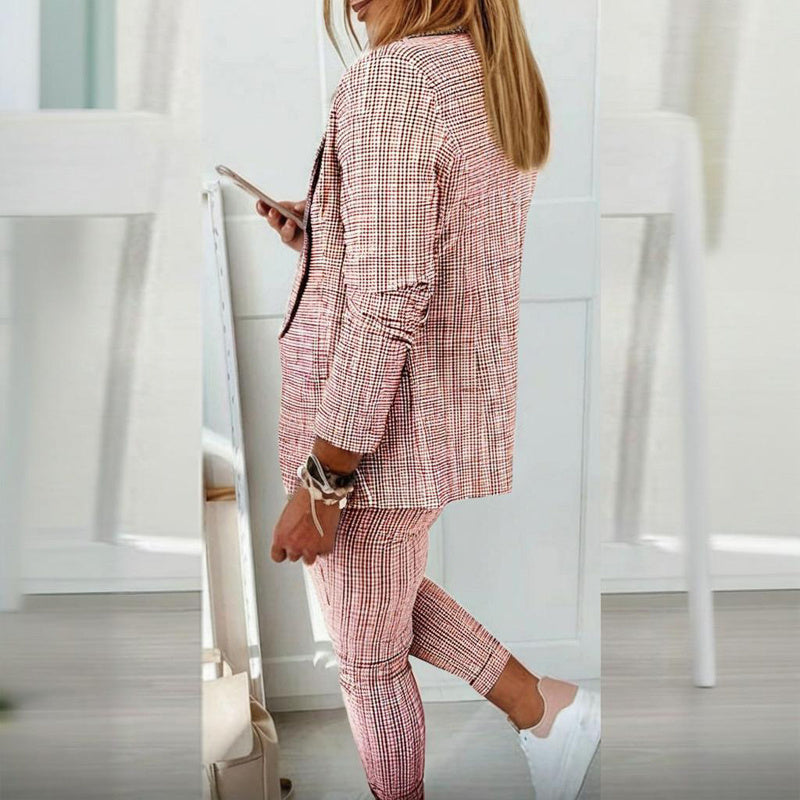 Women's Solid Color Plaid Long Sleeve Suit Two-piece Set With Pockets & Drawstring Waist Office Wear For Spring&Fall CJ US