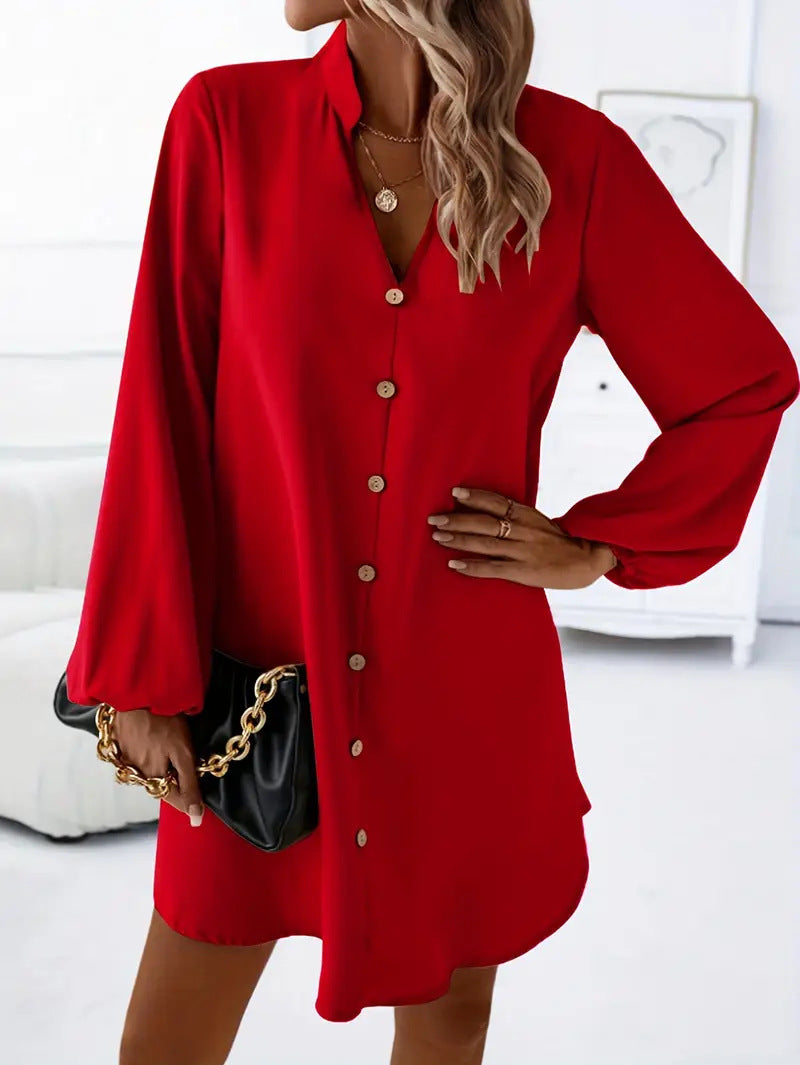 Women Solid Color V-Neck Long Sleeve Single Breasted A-Line Dress 