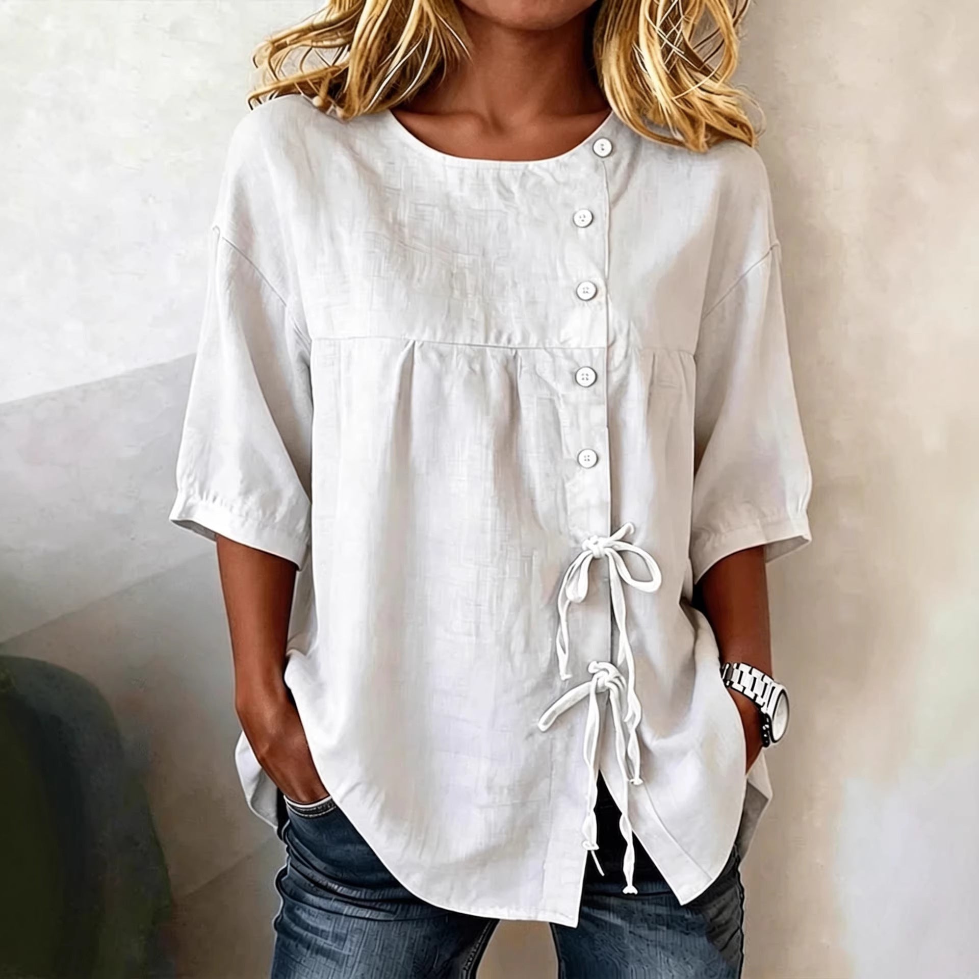 Lace-up Button New Solid-color Shirt 