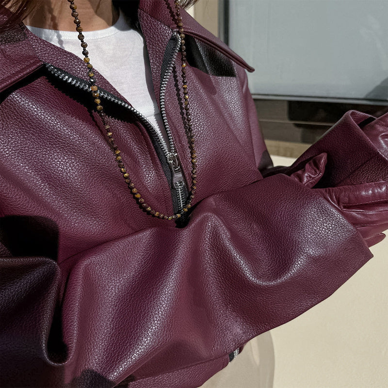 Vintage Style Women's Solid Color Faux Leather Jacket, Zip-Up Biker Jacket With Lapel Collar Casual Coat CJ US