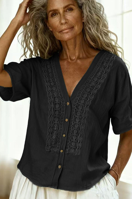 Loose-fit Faux Linen Embroidered Button-up Top 