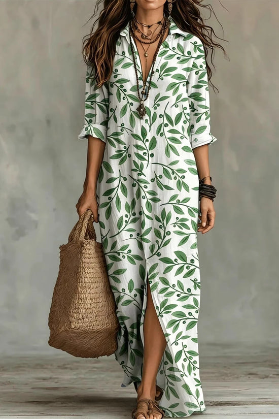 Casual Lapel-Neck Long Digital-Print Womens Shirt Dress 