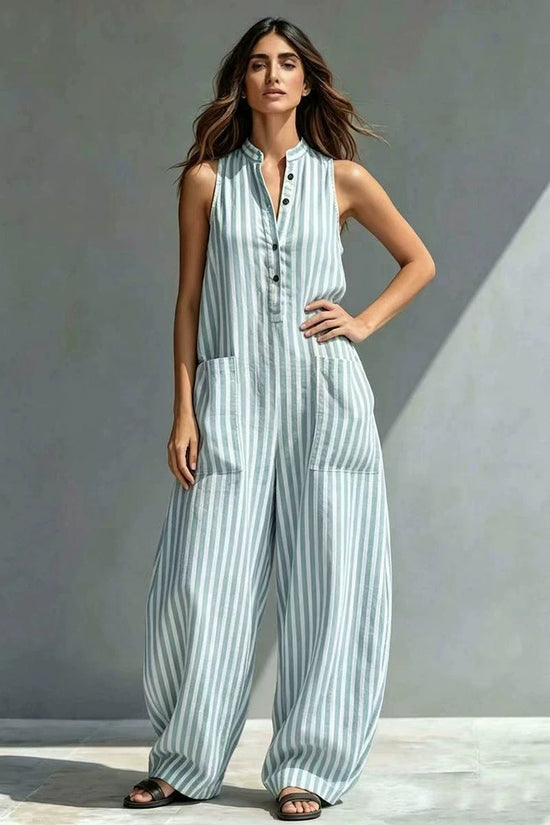 Fashionable Loose V-Neck Long Striped Jumpsuit 