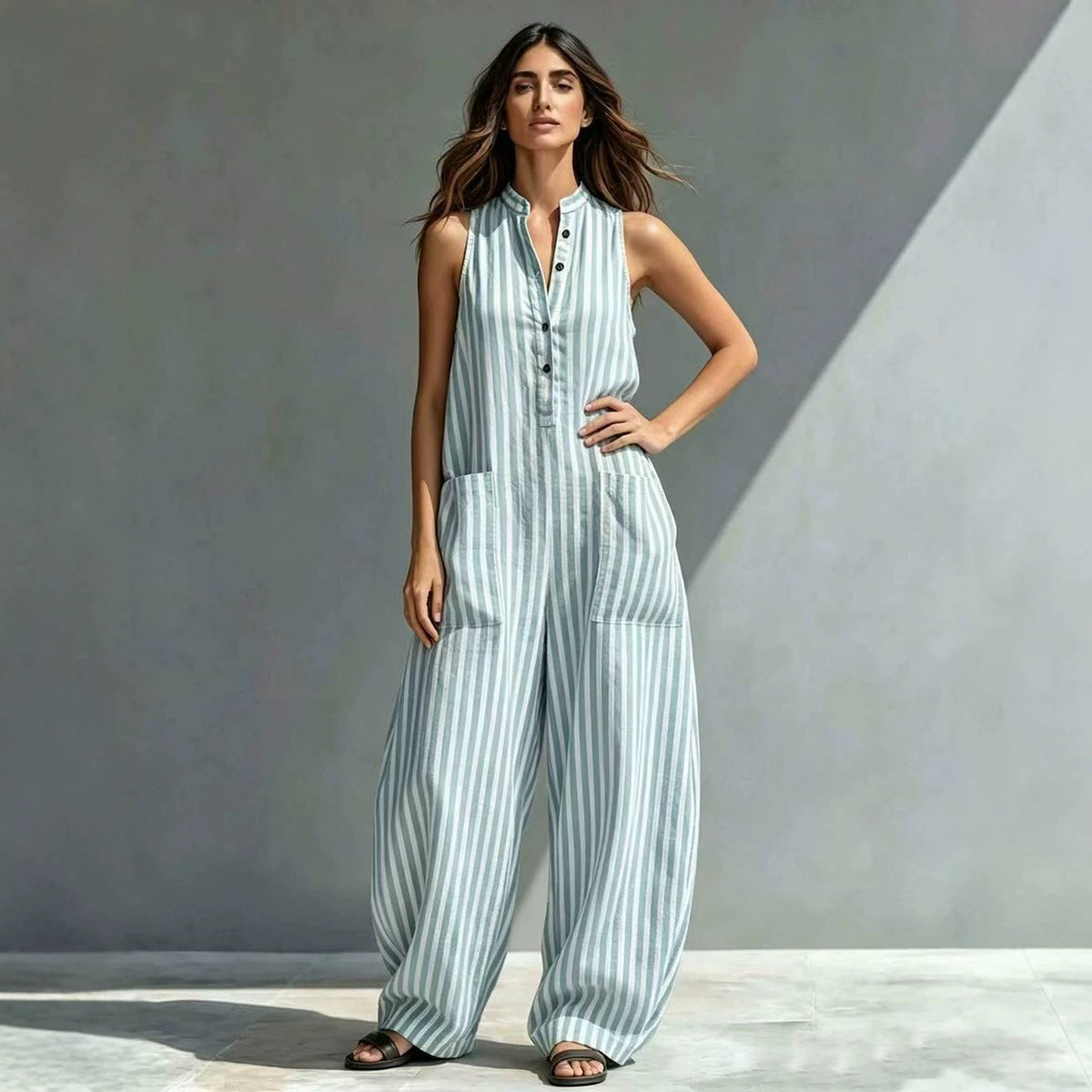 Fashionable Loose V-Neck Long Striped Jumpsuit 