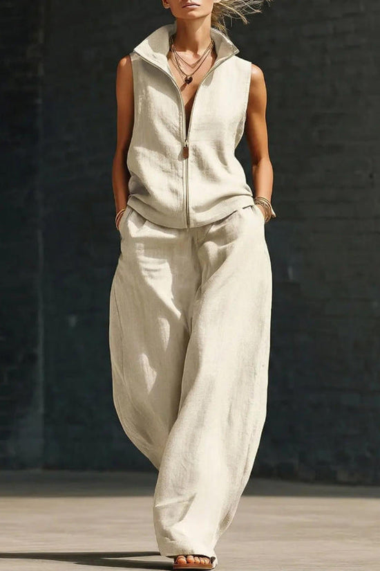Sleeveless Stand Collar Zippered Linen Cotton Two-Piece Set 