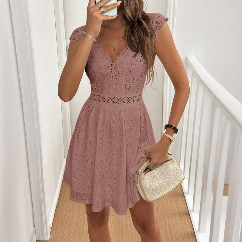Women’s V‑Neck Short‑Sleeve Dress with Lace Trim CJ US