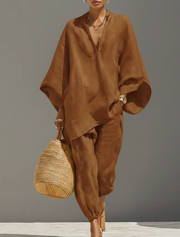 Casual Relaxed Loose-Fitting Solid-Color Shirt Set 