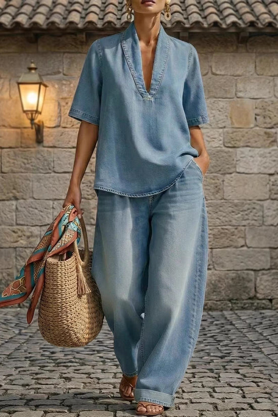 Retro V-neck Denim Set Womens Loose Half-sleeve Top And Wide-leg Pants Two-piece Set 