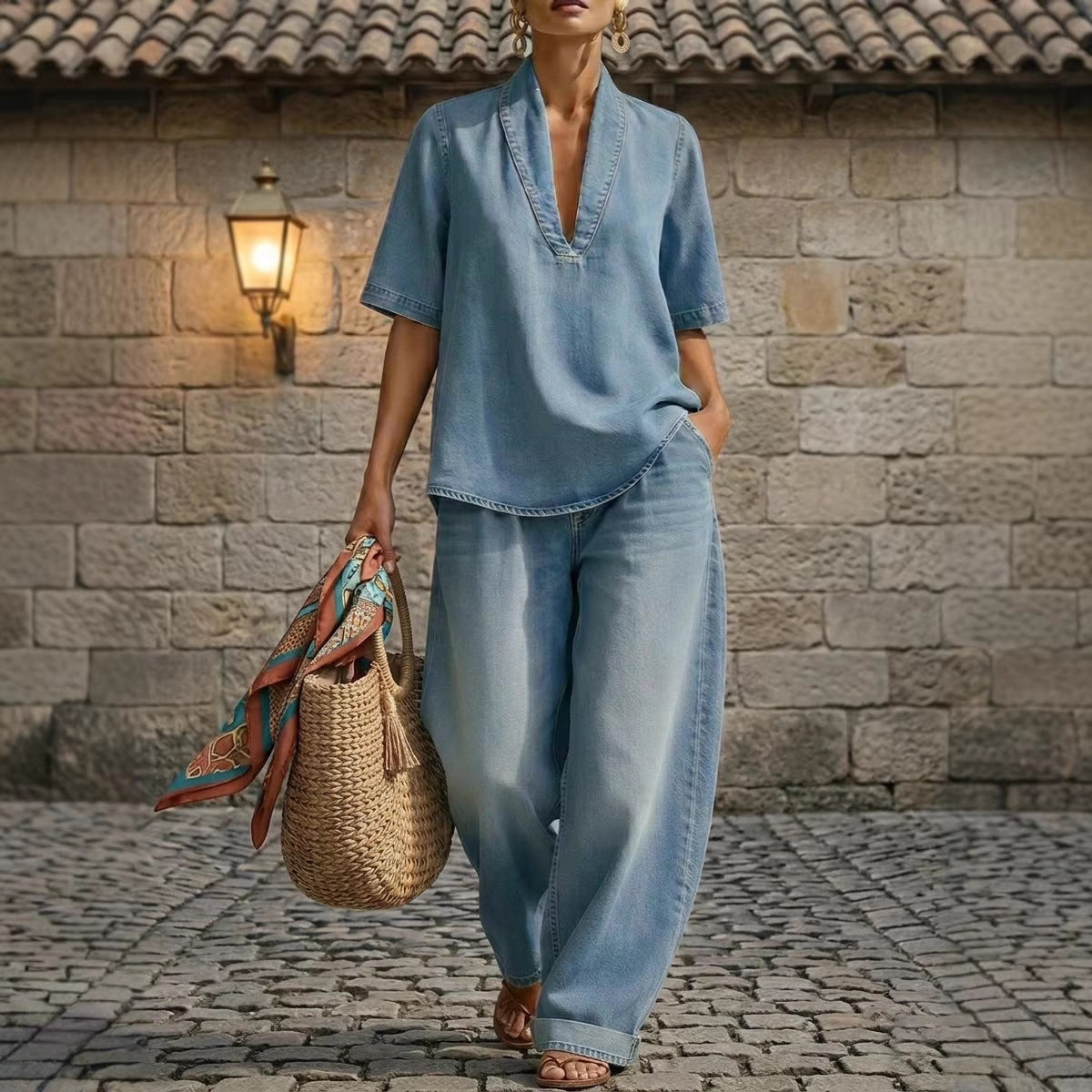 Retro V-neck Denim Set Womens Loose Half-sleeve Top And Wide-leg Pants Two-piece Set 