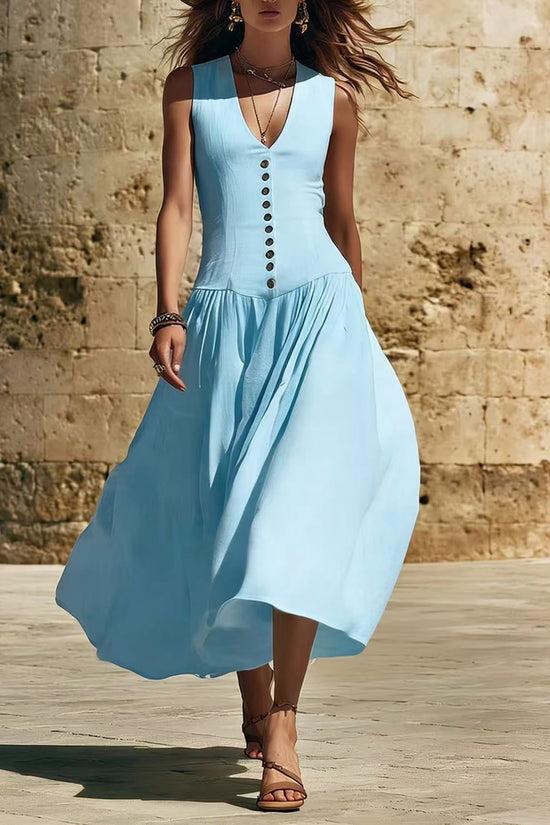 V-Neck Buttoned Chic Elegant Sleeveless Cotton-Linen Dress 