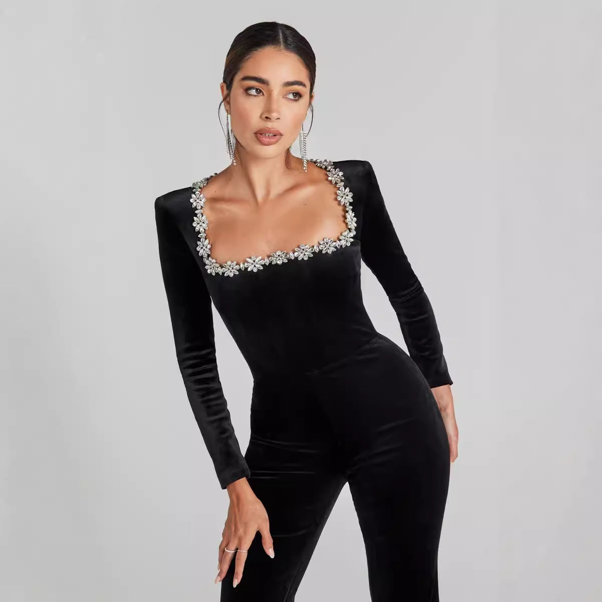 Diamond-encrusted Square Collar Long Sleeve Flared Jumpsuit CJ