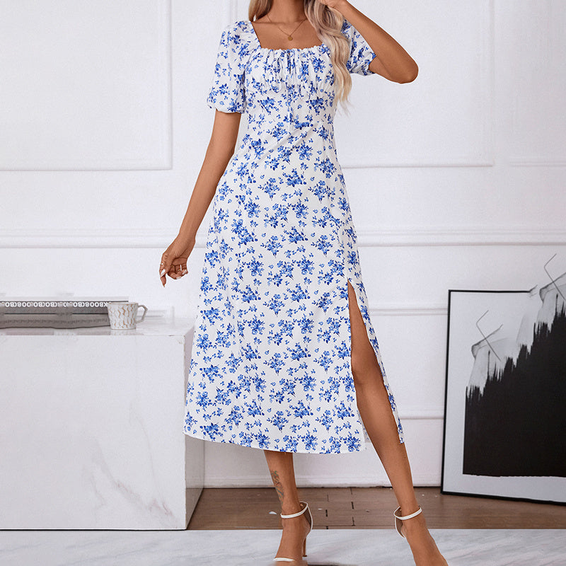 Women's Square Neck Floral Print Dress With Puff Sleeves & Side Slit - Elegant Spring Summer Boho Maxi Dress CJ US