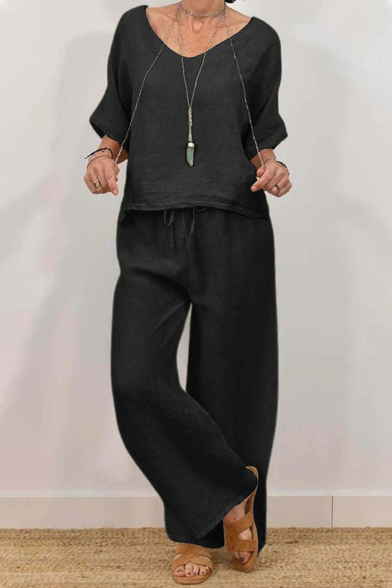 Womens Multi-Color Two-Piece Set Casual V-Neck Pullover With Three-Quarter Sleeves And Extended Pants 