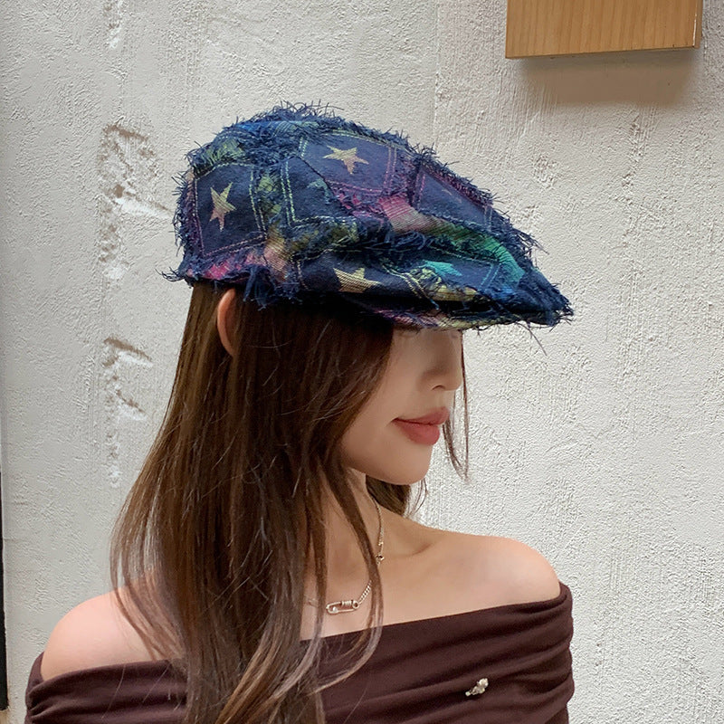 Colorful Plaid Five-pointed Star Advance Hats Women's Korean-style Anti-wear Distressed Edging Beret CJ