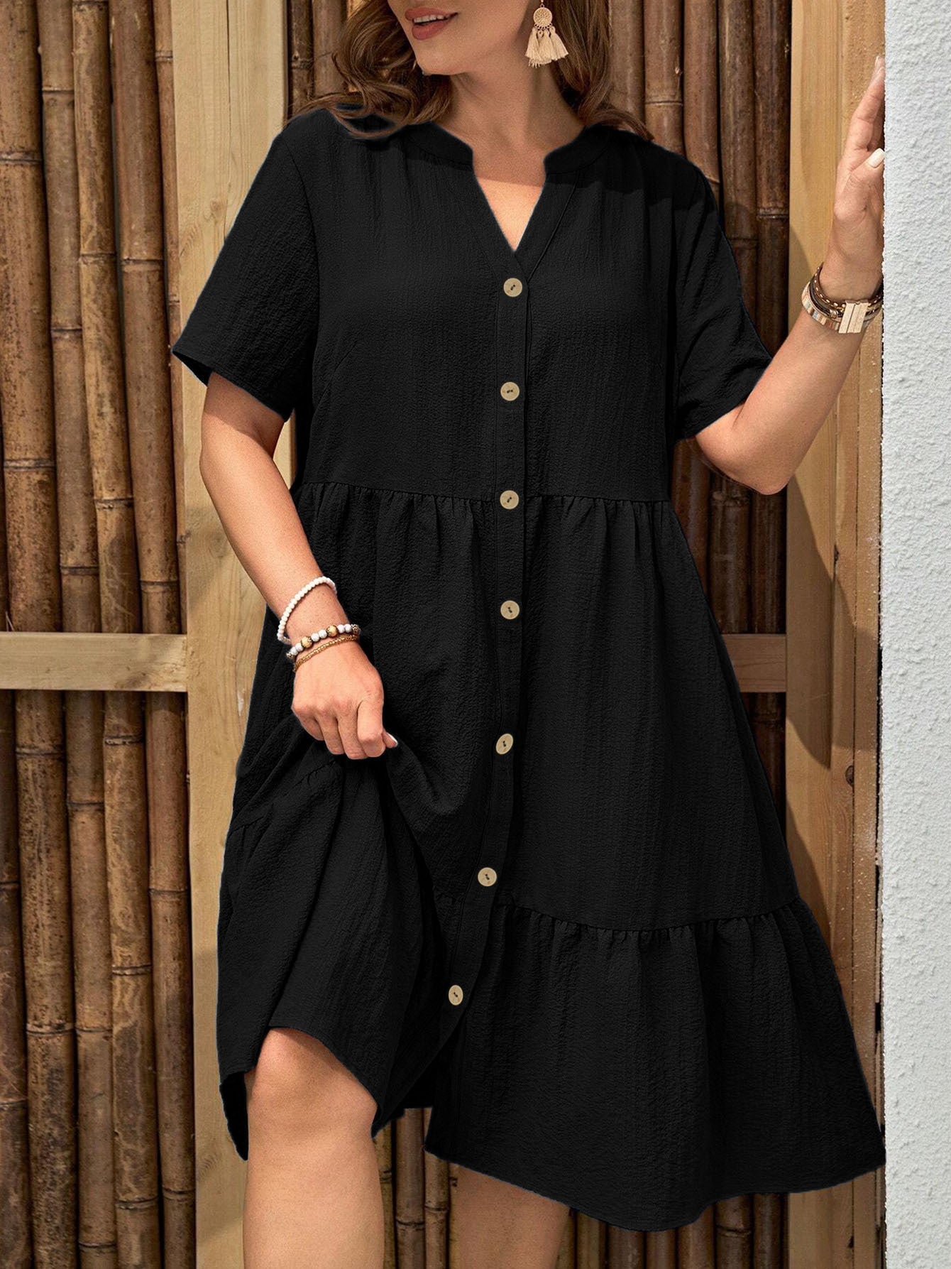 Women's Plus Size Buttoned Dress - Summer Casual V-Neck Short Sleeve Midi Dress CJ US