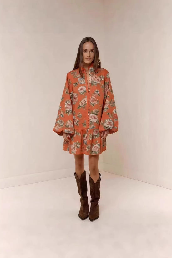 Digital-print Lantern Sleeve Linen Midi Dress 