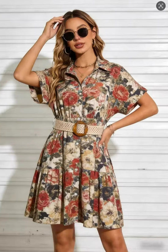 Womens Slimming Belt Short-Sleeve Dress 
