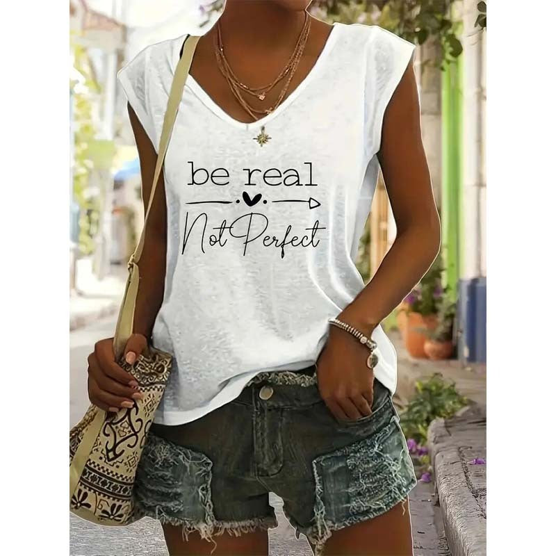 Women's V-Neck Slogan Print Short Sleeve T-Shirt Casual Comfort Top For Summer CJ US