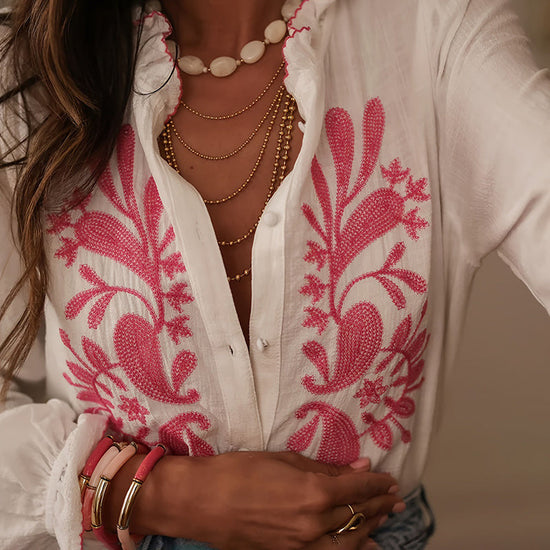 Boho Style Floral Ruffle Blouse, Women's Dressy Casual V-Neck Lantern Sleeve Button Down Shirt CJ US