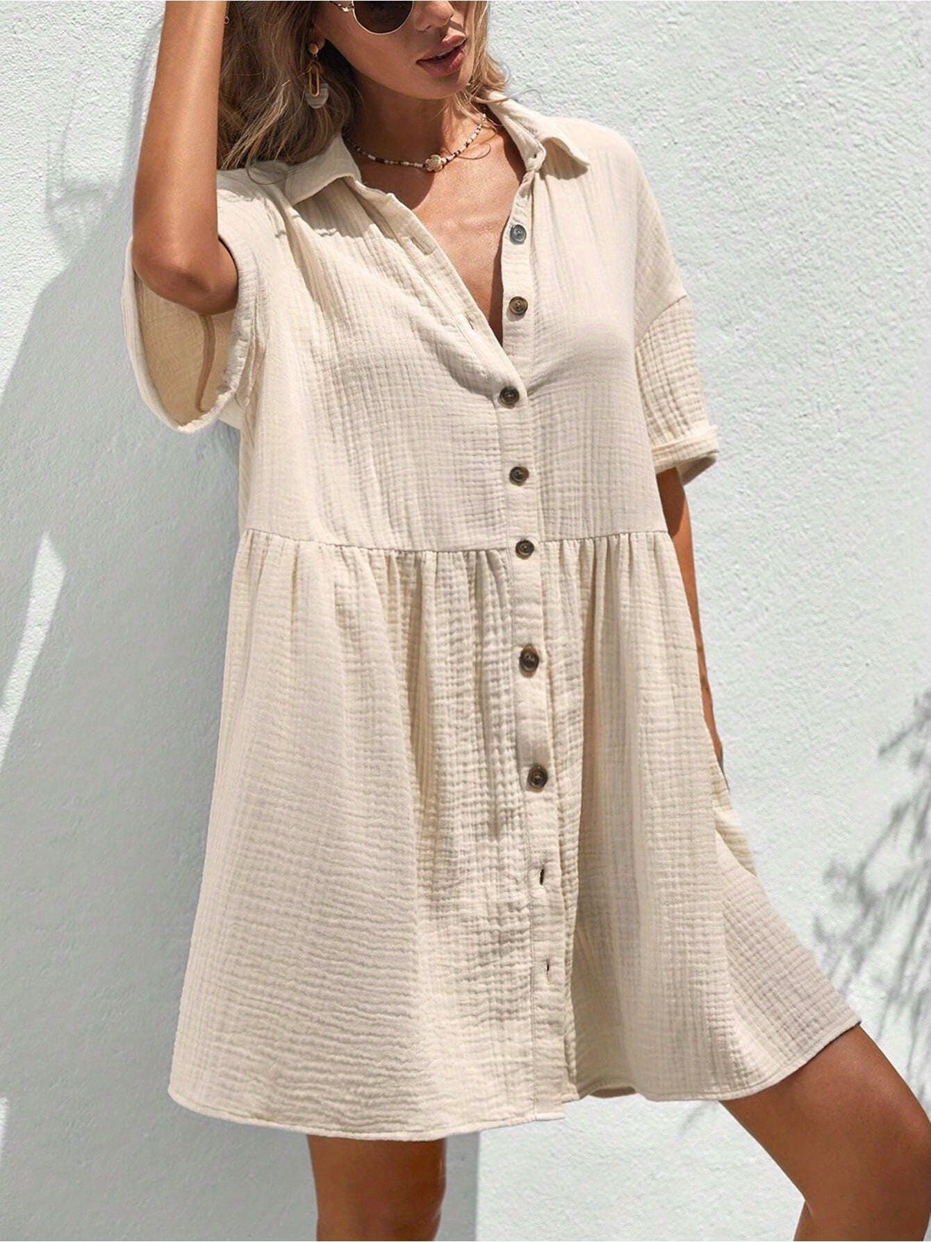 Women's Holiday Loose Solid Color Casual Summer Shirt Dress With Ruffles CJ US