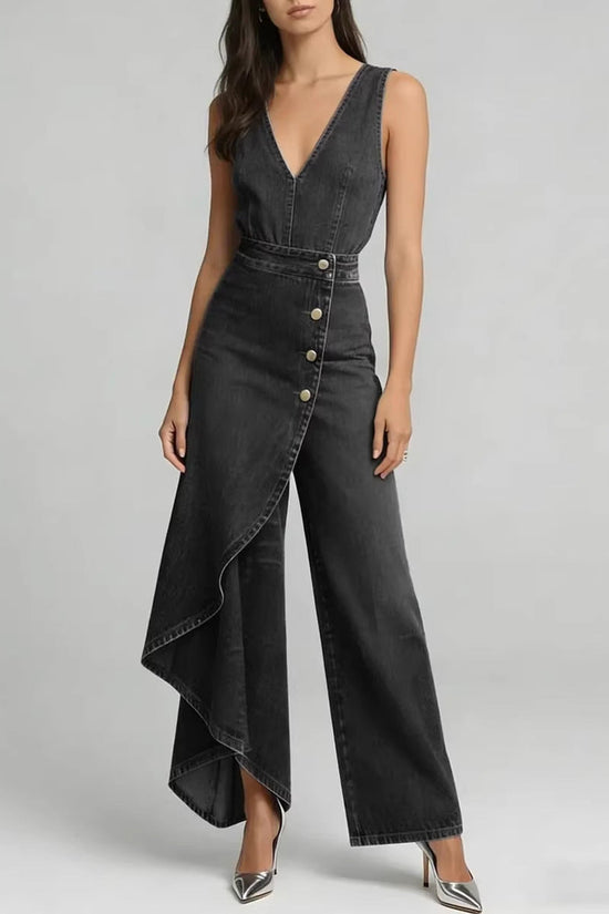 Western-style V-neck Asymmetrical Denim Jumpsuit 