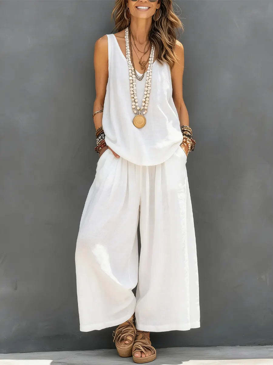 Womens Solid-Colored Casual Sleeveless Tank Top And Wide-Leg Pants Cotton-Linen Set 