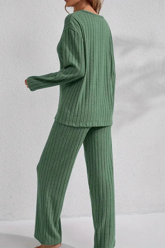 Ribbed Long-Sleeve Top And Pants Casual Comfortable Womens Loungewear Set 