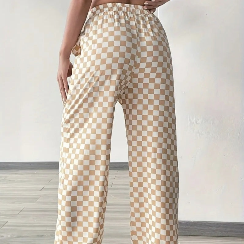 Ladies' Checkerboard Printed Drawstring High Waisted Wide Leg Pants CJ US