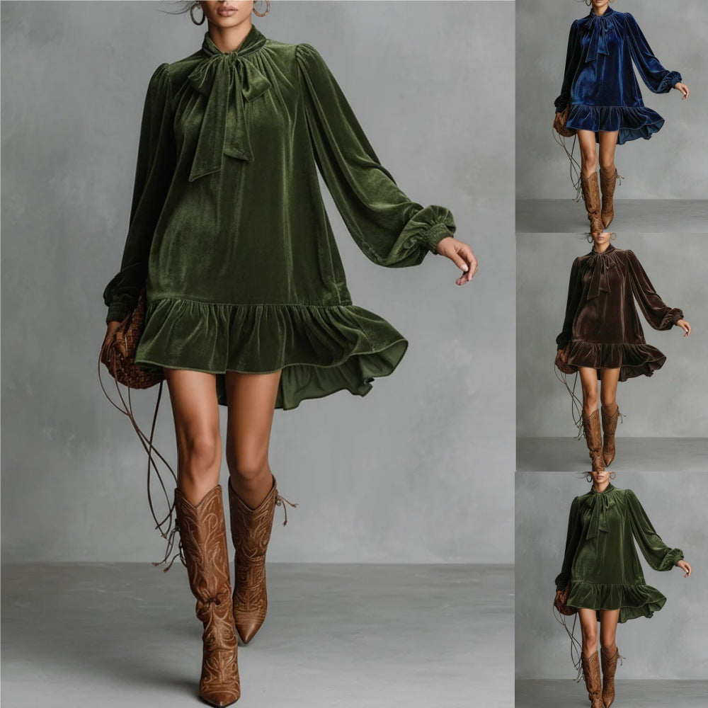 Women’s Bow-Tie Puff Sleeve Dress – Elegant Asymmetric Ruffle Hem Short Dress 