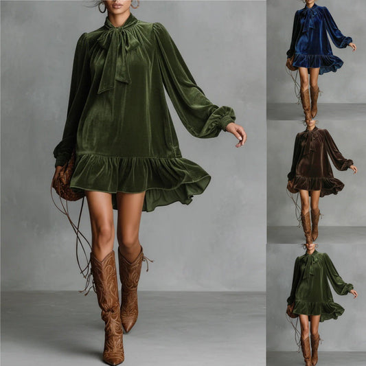Women’s Bow-Tie Puff Sleeve Dress – Elegant Asymmetric Ruffle Hem Short Dress 