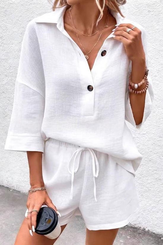 Notch-lapel Short-sleeve Belted Shorts Casual Set 