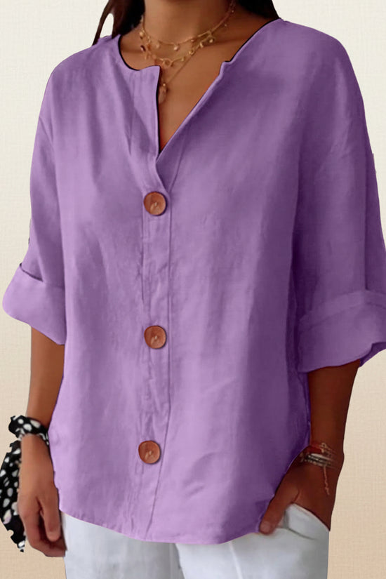 Women's V-neck cotton and linen buttoned blouse 