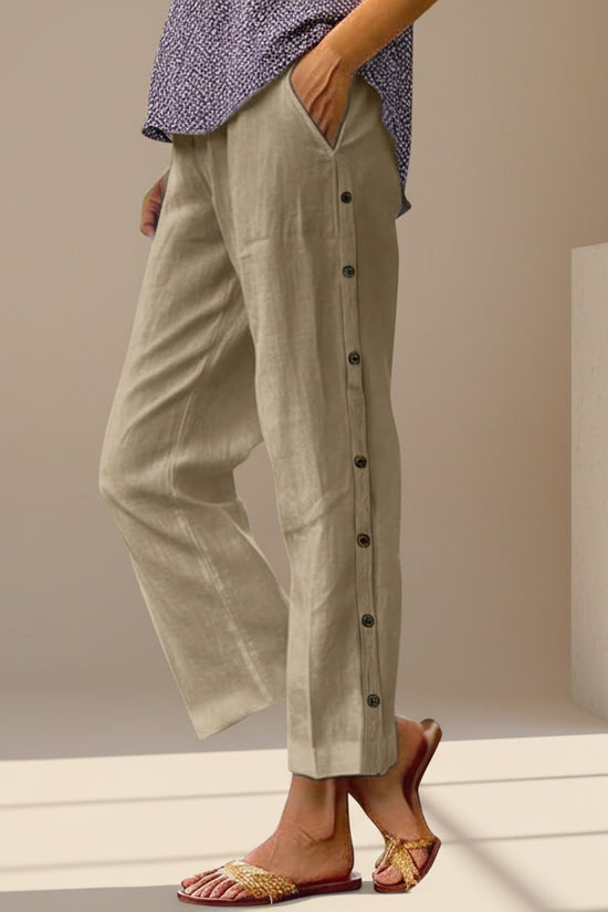 Cropped Pants With Decorative Buttons Along The Side Seams 